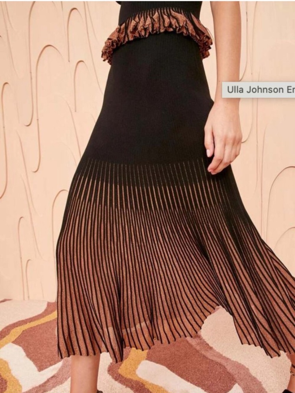 Ulla Johnson Black and Brown Pleated Knit Midi Skirt with Contrast Ruffle